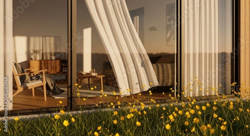 modern home interior with yellow flowers outside