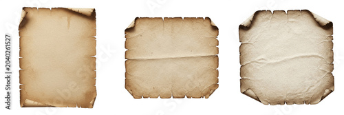 Foto Old Parchment Scroll and Burned Paper Set: Vintage Blank Retro Manuscript Textur