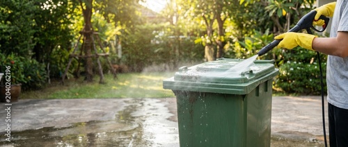  Person in yellow gloves cleaning a dirty green garbage bin with a high-pressure water jet in a backyard. Outdoor home maintenance and hygiene concept