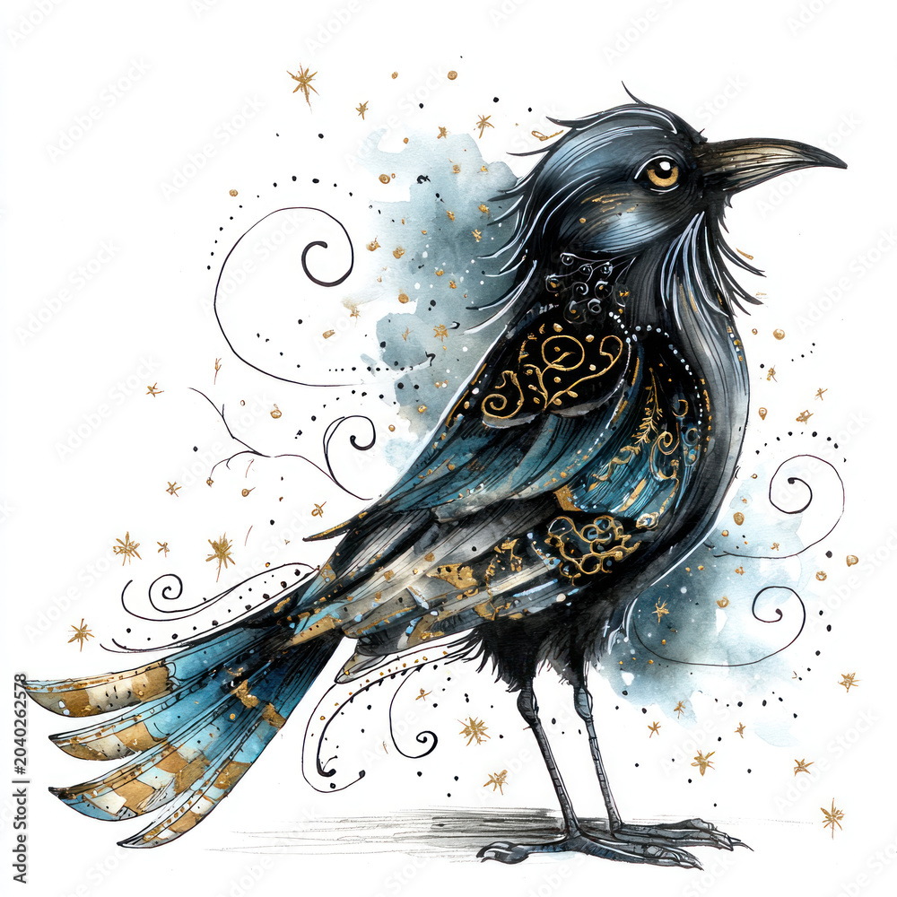 Obraz premium Elegant Fantasy Raven Watercolor Illustration with Golden Ornamental Details