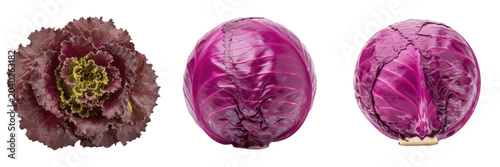 Obraz na płótnie set, Set of three fresh organic purple cabbage vegetable heads isolated on a whi