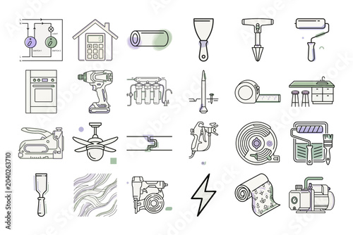 Home Renovation Icon Set with Line Art Style or Renovation Tool Collection with Minimal Design