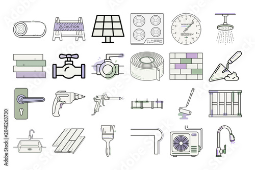 Home Renovation Icon Set Thin Line Style or Home Improvement Linear Icon Collection
