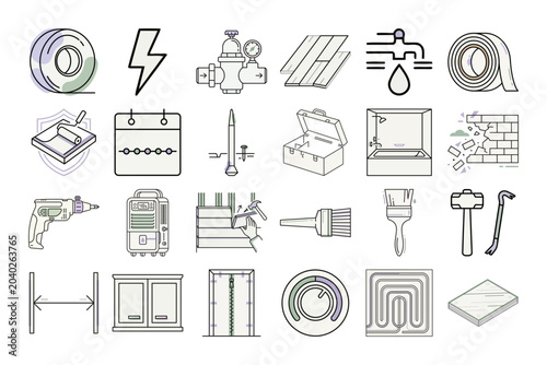 Home Renovation Icons Set Vector Illustration or Construction Repair Tool Line Art Icon Collection