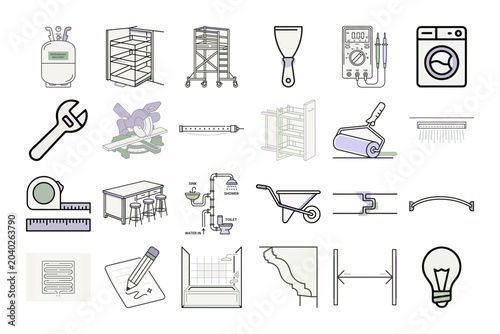 Home Renovation Line Art Icon Set or Home Improvement Construction Vector Graphics