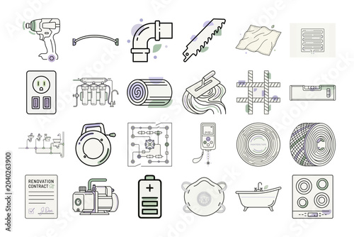 Home Renovation Line Art Icons Set or House Repair Equipment Outline Vector Graphics