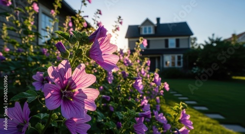purple flowers in front of a house