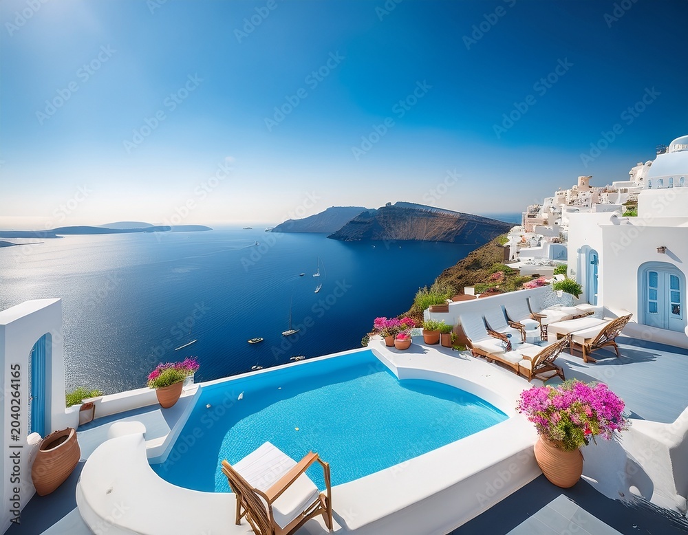 Fototapeta premium santorini island greece luxury terrace with sea view ia generated