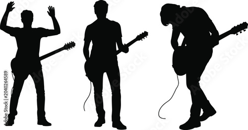 Fotografía Set of black silhouettes of male guitarists playing electric guitars in energeti