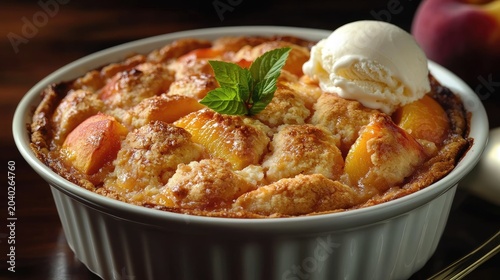 delicious peach cobbler with ice cream