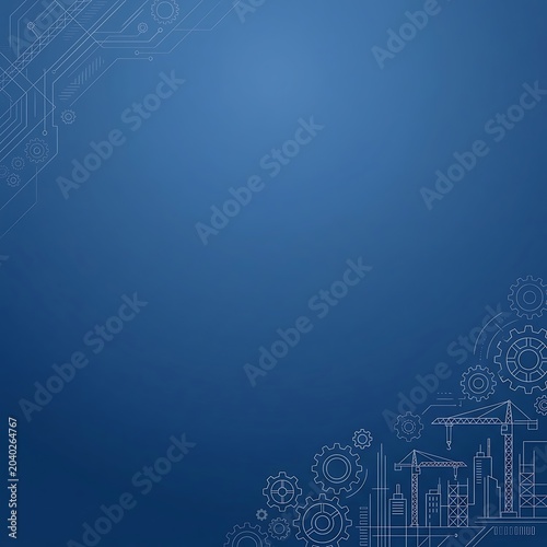 Blue gradient background, with gears, circuit, boards, and cityscape