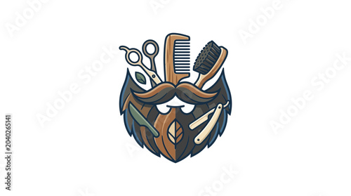 Barber Shop Logo: Beard, Mustache, Scissors, Comb, Brush, Straight Razor