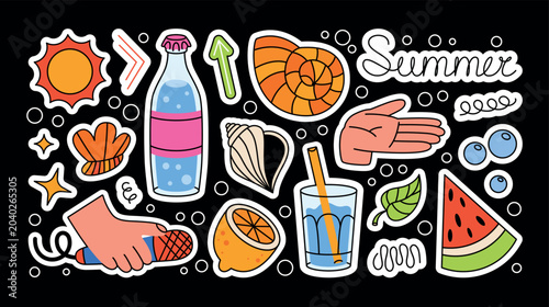 Colorful summer stickers and labels in cartoon comic style. Printable set of vector designs for decoration. Vacation, summer season, tropics, palm trees, shells, hands, palm, sun, stars, leaf, ect. 