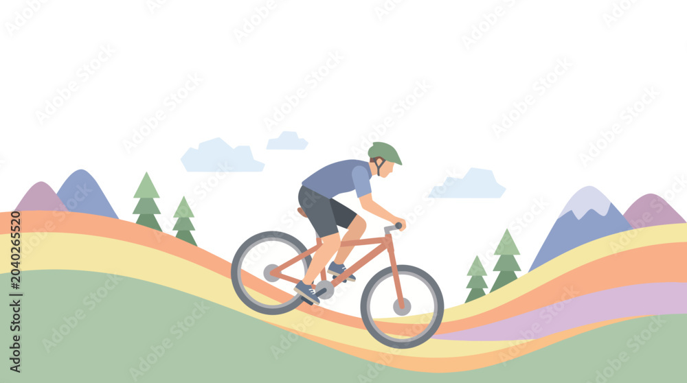 Obraz premium Man riding a mountain bike downhill on a colorful trail.