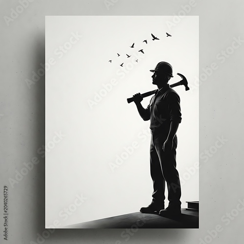Silhouette of construction worker with pickaxe, standing on rooftop with flying birds hard