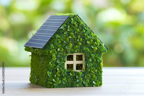 A house made of plants and a solar panel on the roof