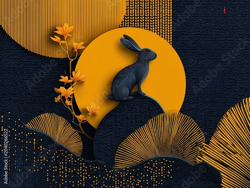 Oriental Lunar Celebration Design with Moonlit Rabbit and Abstract Decorative Motifs