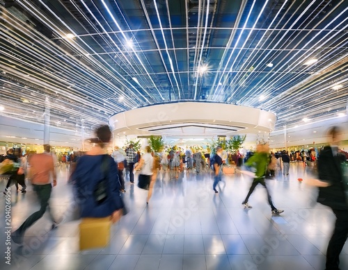 dynamic trade show floor with motion blur of attendees highlighting the vibrant energy of industry events