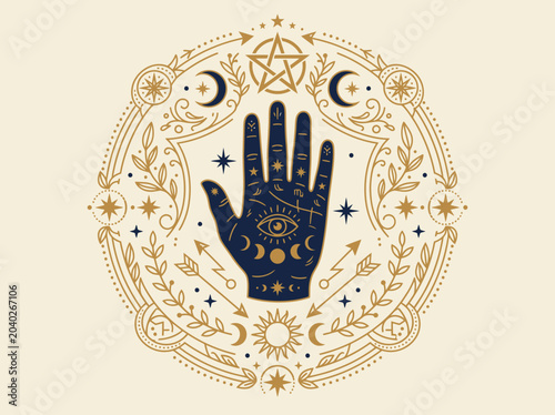 Tableau sur toile Mystical Palmistry Hand Illustration with Esoteric Celestial Symbols, Moon Phase