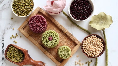 Overhead Woven Tray Three Mooncakes Lotus Bud Seed Pod Bowls Beans White Marble Background