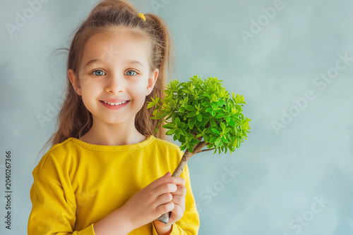 A young girl is holding a green plant