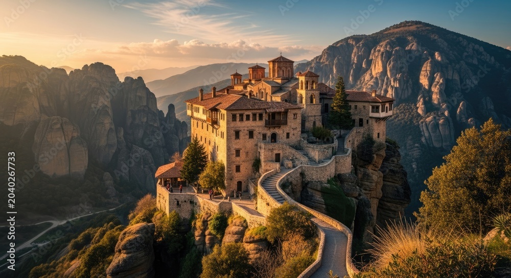 Obraz premium Meteora Monastery on Mountain Cliff at Sunset in Greece