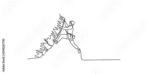 Photos Single line drawing of a person rock climbing up a cliff face with a rope and ha