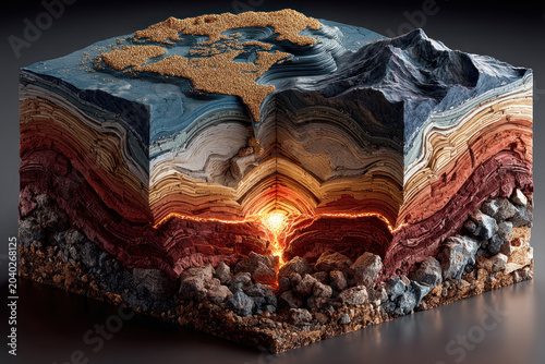 Earth Cross Section with Tectonic Plates, Magma Chamber and Geological Layers Concept