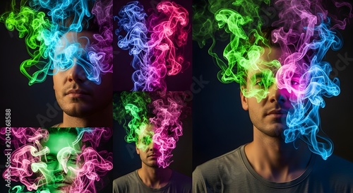 A man's mind illuminated by a vibrant burst of colorful smoke, an artistic representation of imagination, dreams, and profound emotional depth