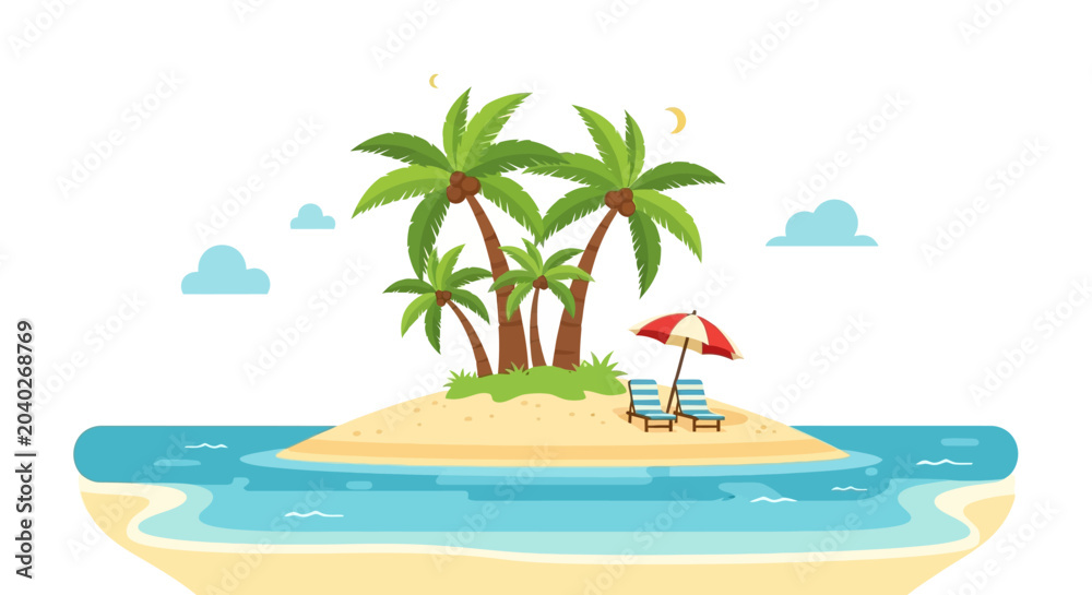 Obraz premium Tropical Island Paradise with Palm Trees and Beach Chairs