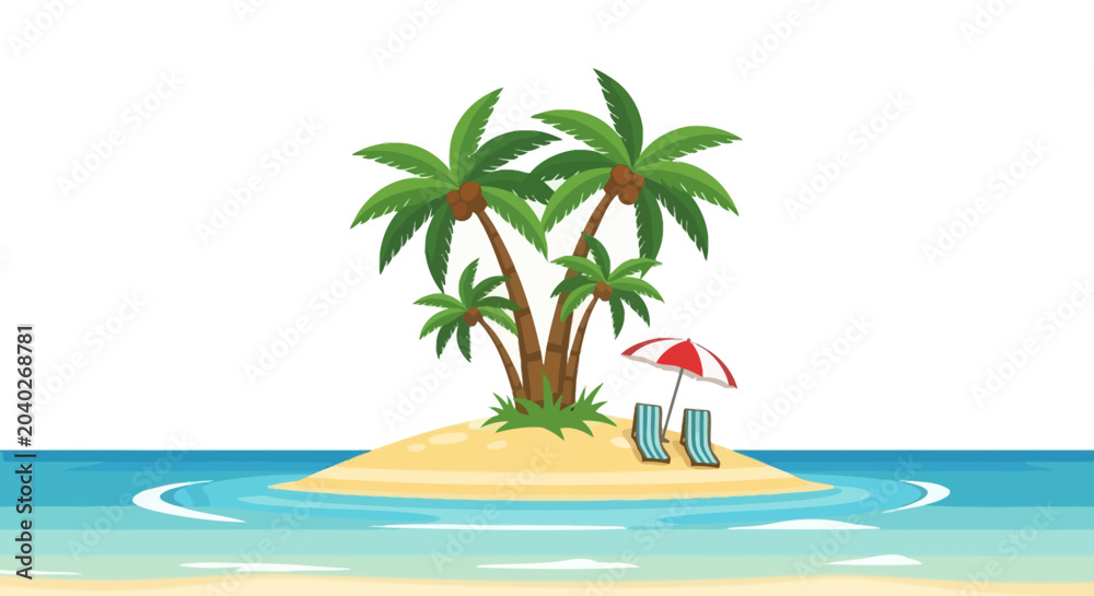 Obraz premium Tropical Island Paradise with Palm Trees, Beach Chairs, and Umbrella