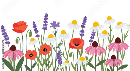 Bilde på lerret Vibrant Wildflower Meadow Illustration - Poppies, Lavender, Daisies
