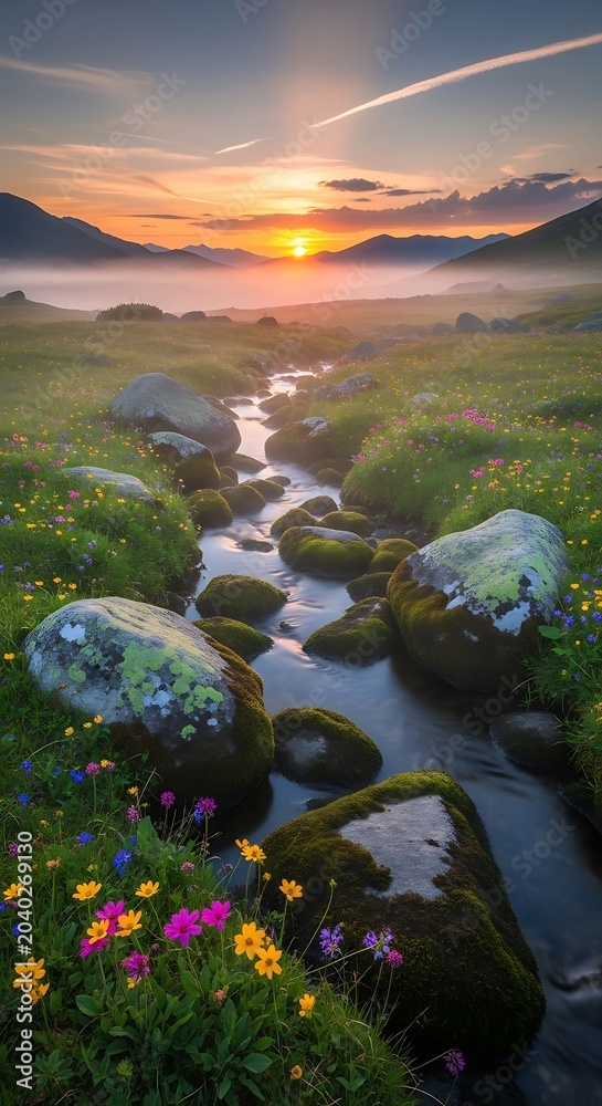 Obraz premium Golden sunset over serene mountain lake with wildflowers.