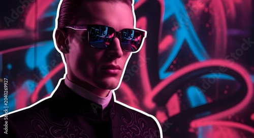 Stylish man in reflective sunglasses against a vibrant neon graffiti background, exuding a cool and mysterious retro-futuristic urban vibe