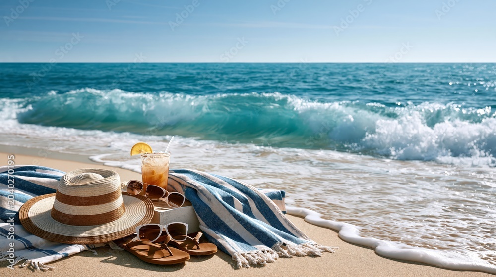 Obraz premium Beach scene featuring a straw hat, sunglasses, and a cocktail on a striped towel with ocean waves and clear blue sky in the background