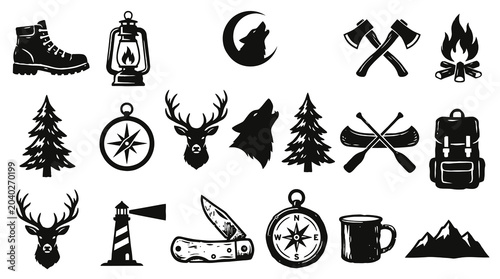Black  White Vector Icons: Camping, Nature, Adventure  Outdoor Gear Set