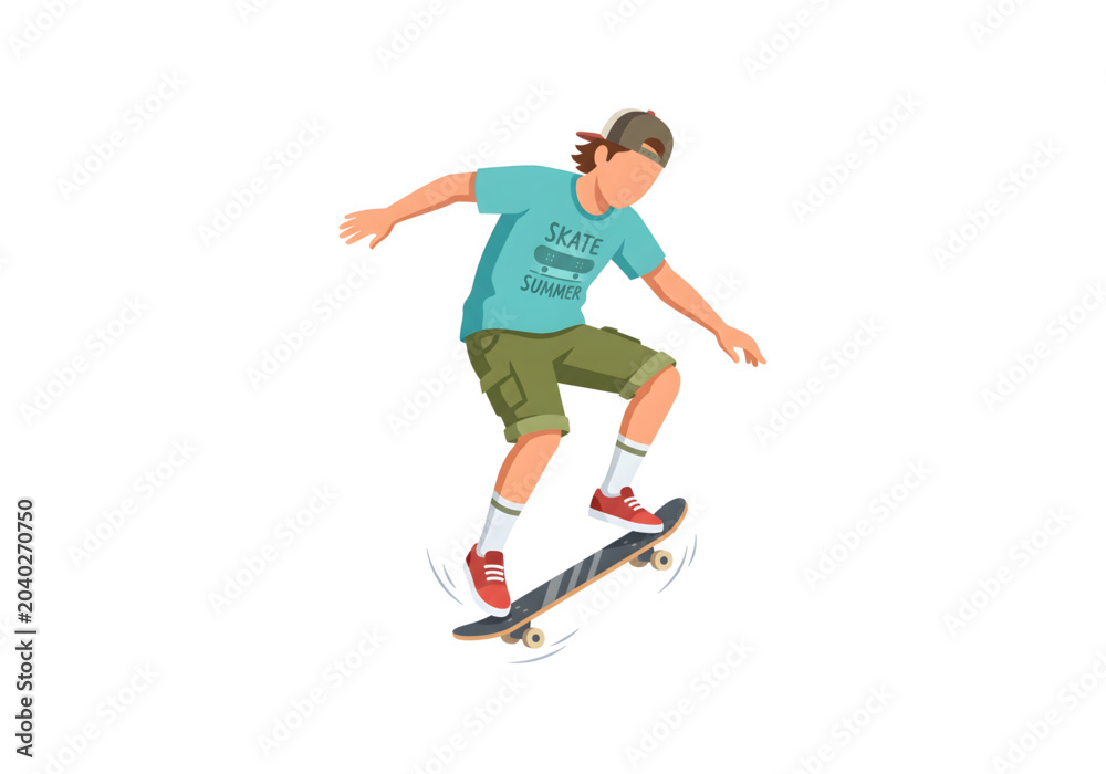 Fototapeta premium Teenager skateboarding blue green png on transparent background