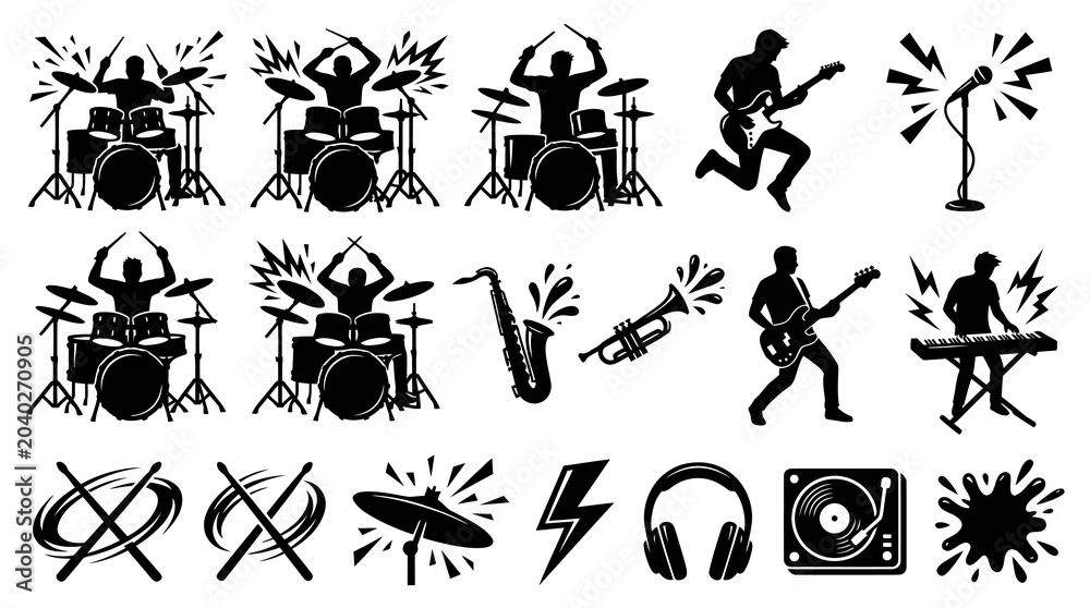 Obraz premium Music Instruments and Musicians Silhouette Vector Icons Set - Audio Equipment and Entertainment Glyphs