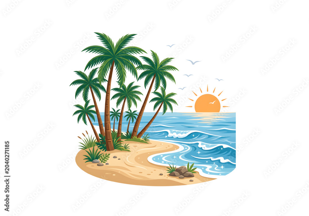 Obraz premium Tropical beach palm trees ocean sunset png on transparent background