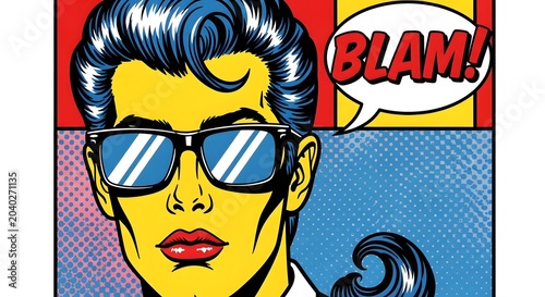 Vibrant Pop Art Illustration of a Stylish Man in Sunglasses with Dynamic Comic Book Speech Bubble and Retro Aesthetic