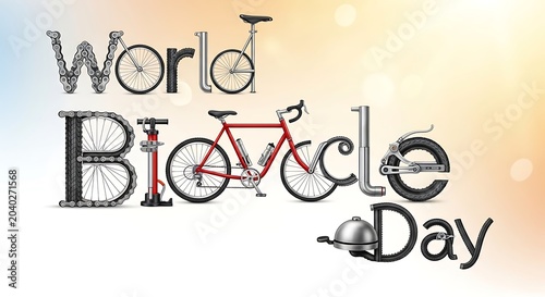 Creative bicycle day text with a red bicycle and pump, on a soft bokeh background.keywords: bicycle, day, text, creative, red, bicycle, pump
