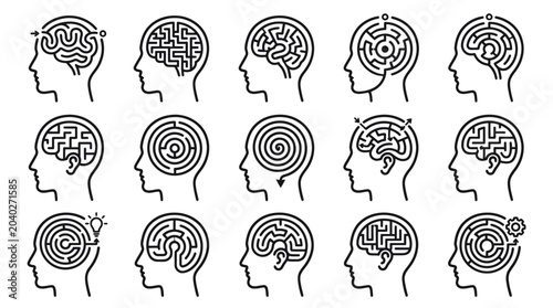 Schilderij op canvas Collection of human profile head icons with brain mazes.