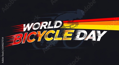 Dynamic bicycle day text with motion blur effect, vibrant red, orange, and yellow stripes, and a cyclist silhouette on a black