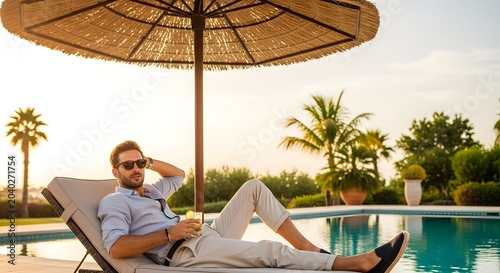 Relaxing man in sunglasses enjoying a refreshing drink by the pool under a beach umbrella during golden hour