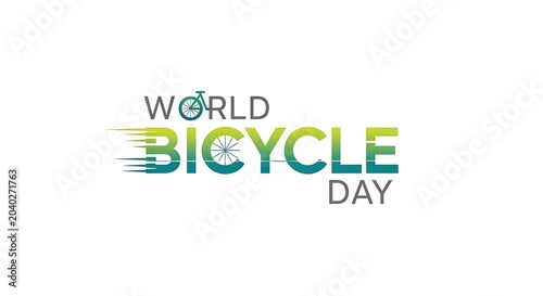 Dynamic bicycle day text with teal and green gradient, speed lines, and bicycle wheel on white background, keywords: bicycle, day, cycling