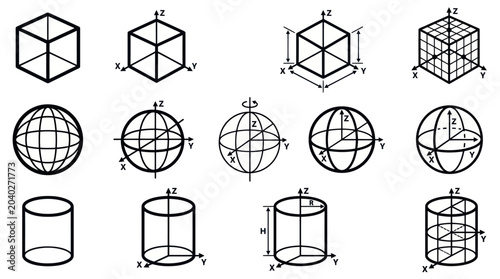 Quadro su tela Geometric wireframe shapes and coordinate axis vector collection.