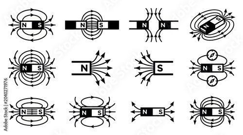 Fotografie Physics magnet and magnetic field line diagrams set