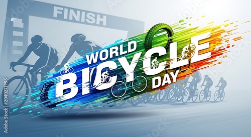 Energetic bicycle day featuring cyclists racing towards a finish line with a vibrant, abstract splash of colors.keywords: bicycle, day