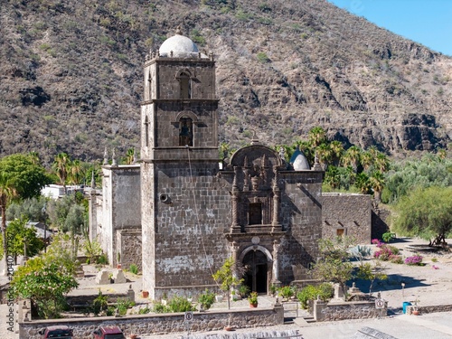 Schilderij op canvas Aerial view of San Javier Mission at sunrise in Baja California Sur, Mexico, sho