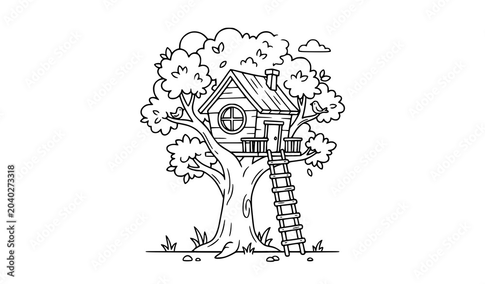 Fototapeta premium Whimsical Treehouse With Ladder Line Art Vector Illustration for Kids Adventure and Outdoor Play
